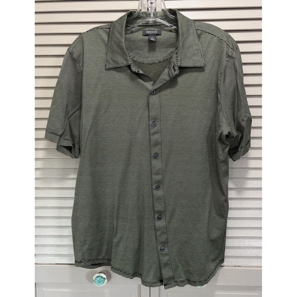 Kenneth Cole Short Sleeve Button Up Polo Shirt Green/Blk‎ Stripe Size L Collar